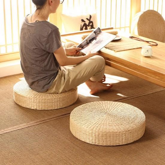 Tatami Cushion Natural Straw Hand Woven Meditation Japanese-style Household Padded Round Pouf for Garden