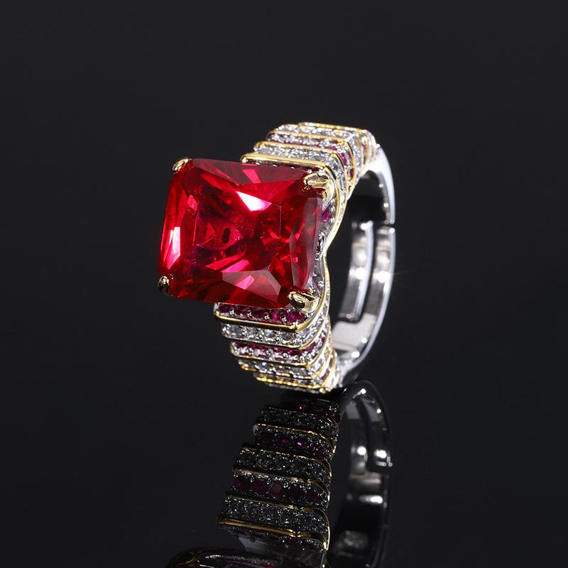 New Ring Jewelry Copper Bottom Gold Plated Live Broadcast Square Blue Red Color Treasure Zircon Cross Border Women's Style