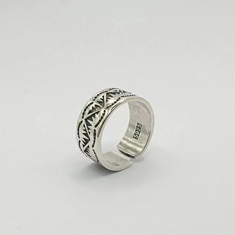 Handcrafted Navajo Style Sterling Adjustable Ring Men Women Geometric Tribal Design Vintage Statement Finger