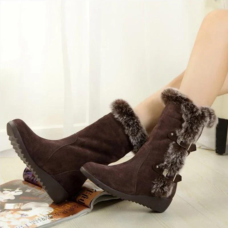 New Winter Women Boots Casual Warm Fur Mid-Calf Boots Shoes Women Slip-On Round Toe Wedges Snow Boots Shoes Muje Plus Size 42