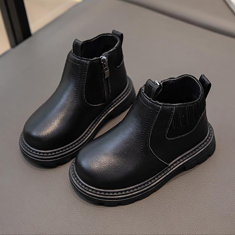 Модные короткие ботинки для мальчиков и девочек, нескользящие ботинки в британском стиле, детские ботинки с боковой молнией, кожаные ботинки с противоскользящим покрытием