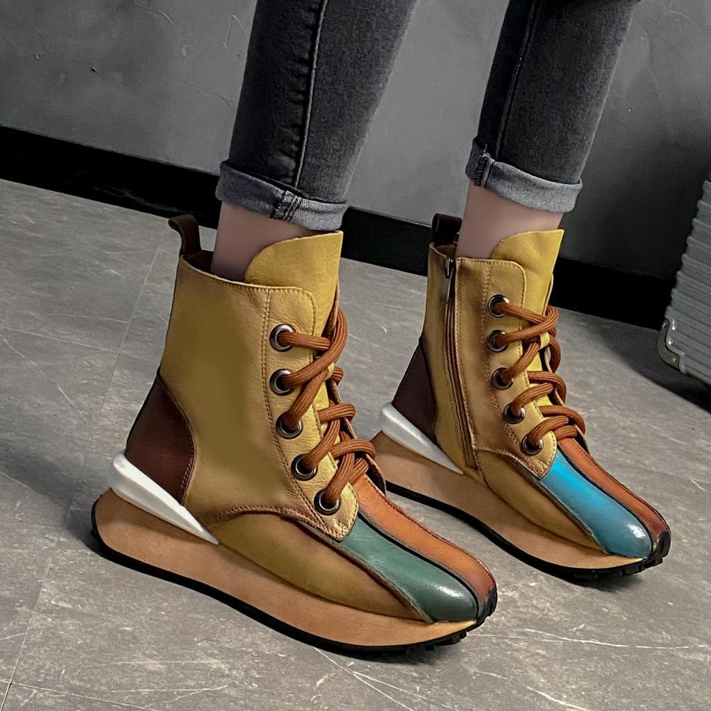 Autumn Winter Women Platform Ankle Boots Fashion Mixed Colors Leather Splicing Short Boots Female Comfortable Chunky Booties