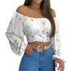 Women Top Sexy Off Shoulder Strapless Long Sleeves Butterflies Rose Flower Print Back Lace-up Slim Cropped Ladies Shirt Blouse Streetwear