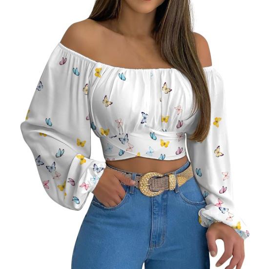 Women Top Sexy Off Shoulder Strapless Long Sleeves Butterflies Rose Flower Print Back Lace-up Slim Cropped Ladies Shirt Blouse Streetwear