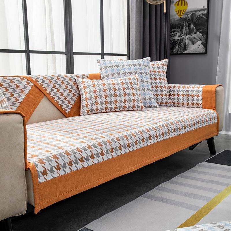 Современный светлый роскошный диван-подушка с рисунком «гусиная лапка» Four Seasons Universal Non-Slip American Living Room Leather Sofa Seat Cover Cover Towel