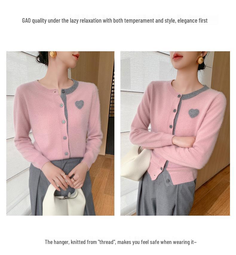 Women's Cashmere Cardigan: Color Block, Round Neck, Sweetheart Embroidery, Loose Fit Sweater.