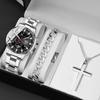3pcs/set,1PC Men's Fashion Calendar Quartz Wrist Watch & 1PC Casual Mens Bracelet & 1PC Classic Cross Necklace, Gifts for Men