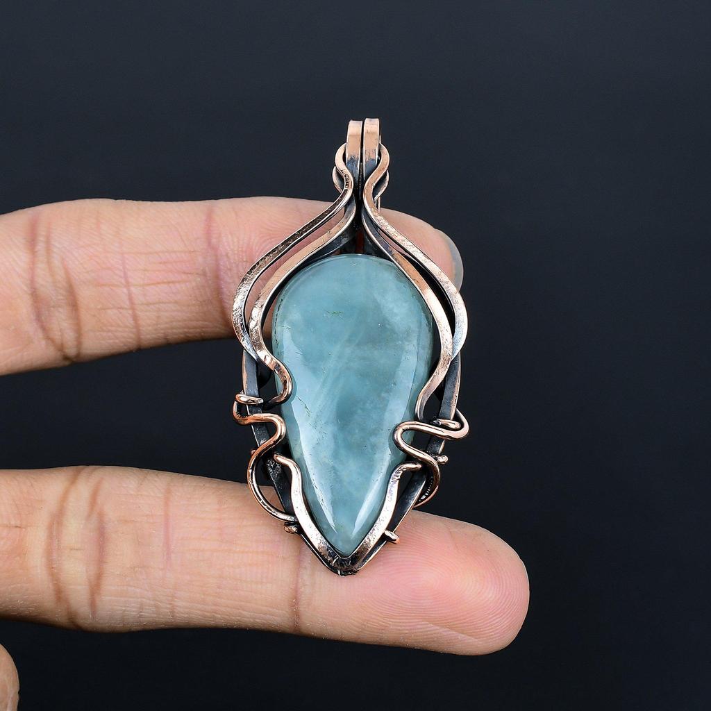 Aquamarine 999 Copper Wire Wrapped Pendant, Handmade Gemstone Jewelry Pendant For Memorial Day