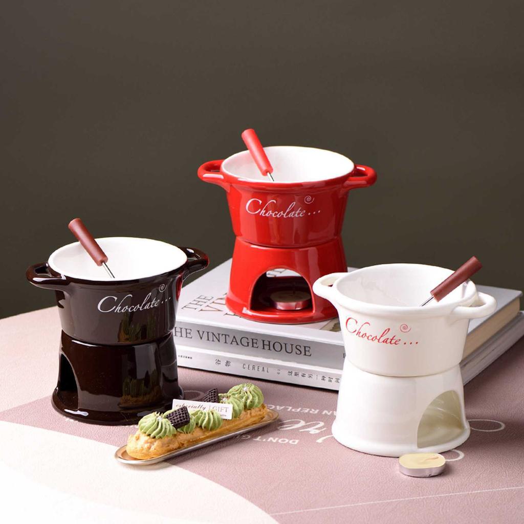 European Style Swiss Ice Cream Cheese Cheese Chocolate Melting Furnace Red Ceramic Atmosphere Hot Pot Cup with Fork White
