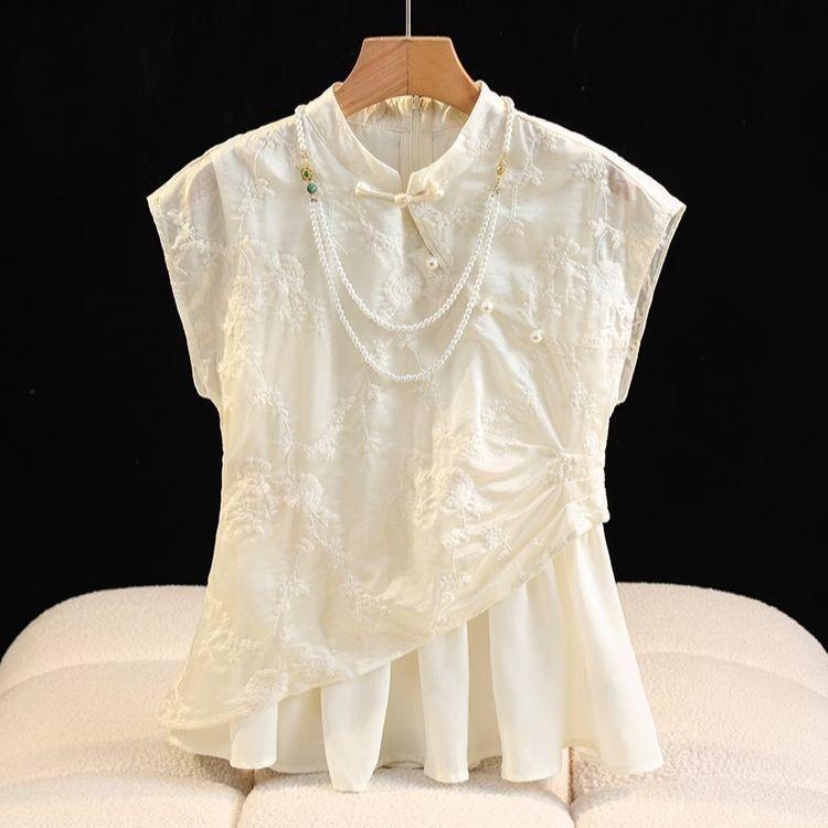 Китайская рубашка-топ со стойкой, рубашка с нерегулярной вышивкой и застежкой-пуговицей, летняя рубашка для пожилых 2025