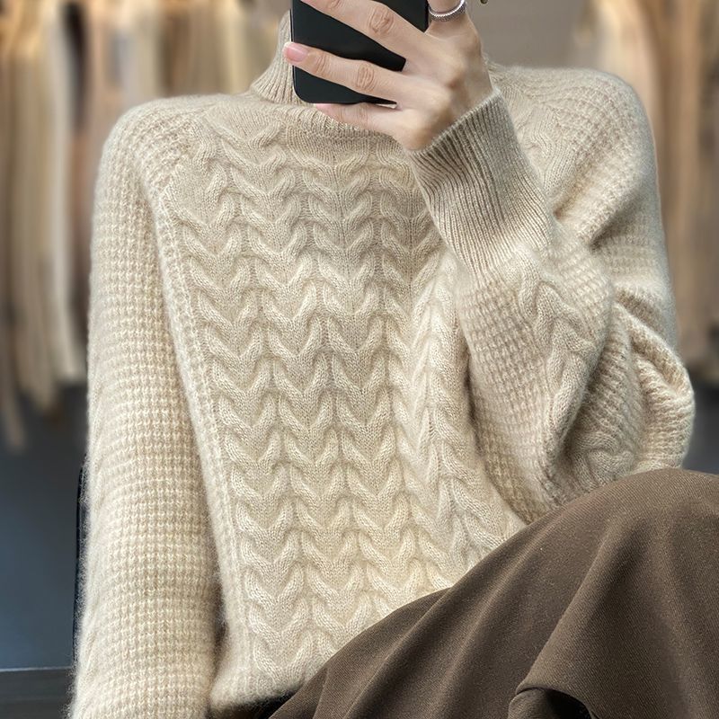 Solid Turtle Neck Cable Knit Sweater, Elegant Long Sleeve Wool Pullover Sweater, Women's Clothing