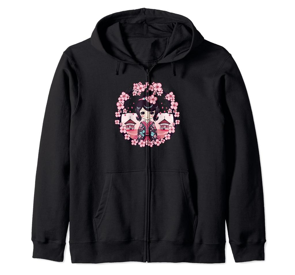 Cute Cherry Blossom Kokeshi I Kokeshi Zip Hoodie