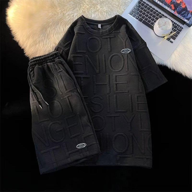 Мужские модные вафельные брюки с пятью точками и рукавами: Стильный, универсальный повседневный летний костюм