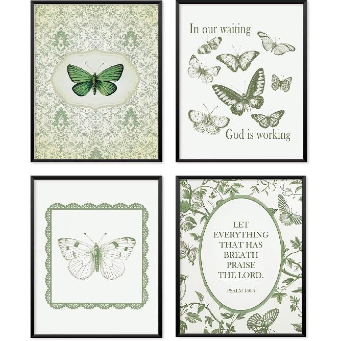 Locomiss Green Christian Wall Art Posters, Vintage Butterfly Bible Verse Prints, pirational Jesus Scripture Art Wall Decor, Botanical Floral Bible