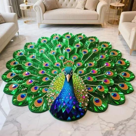 3D Peacock Pattern Plush Rug Non-Slip Backing Easy To Clean Various