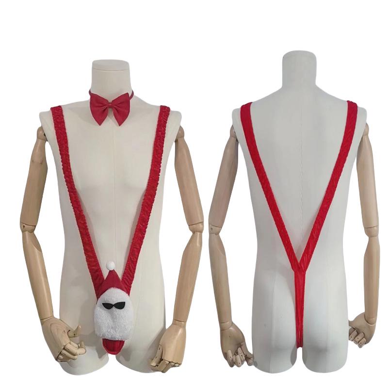 Мужской косплей Санта-Клауса Боди с V-образным вырезом и подтяжками