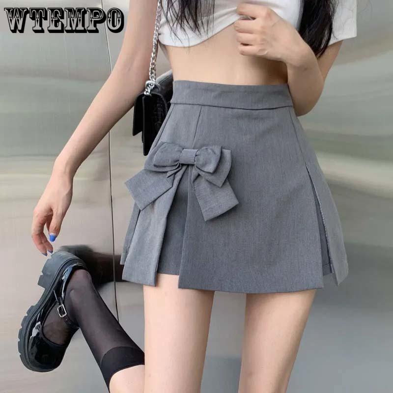 Bow Design High Waist Women A-line Pleated Skirt Grey Suit Skirts Elegant Temperament Sweet Casual Spring Summer Korean Fashion
