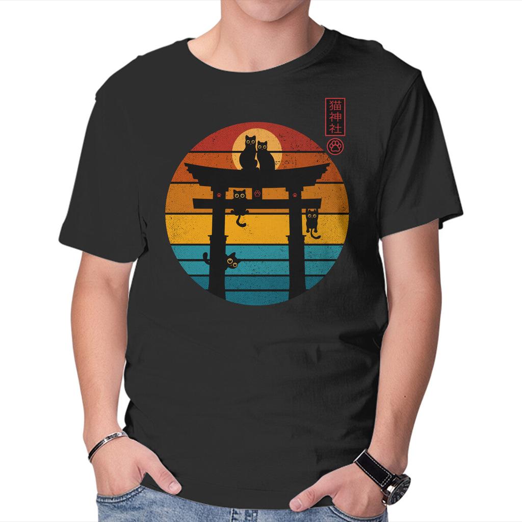 Unisex Crew Neck T-Shirt Retro Cat Shrine Graphic Short Sleeve Casual Tee