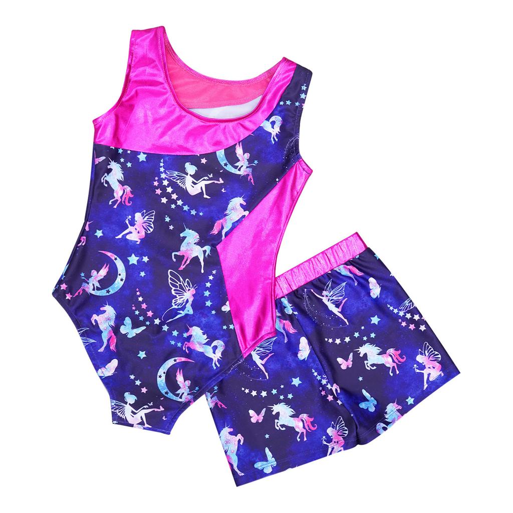 Детские спортивные комплекты для гимнастики, йоги, танцев для девочек, нарядный купальник с принтом и шорты, танцевальная одежда, наряды