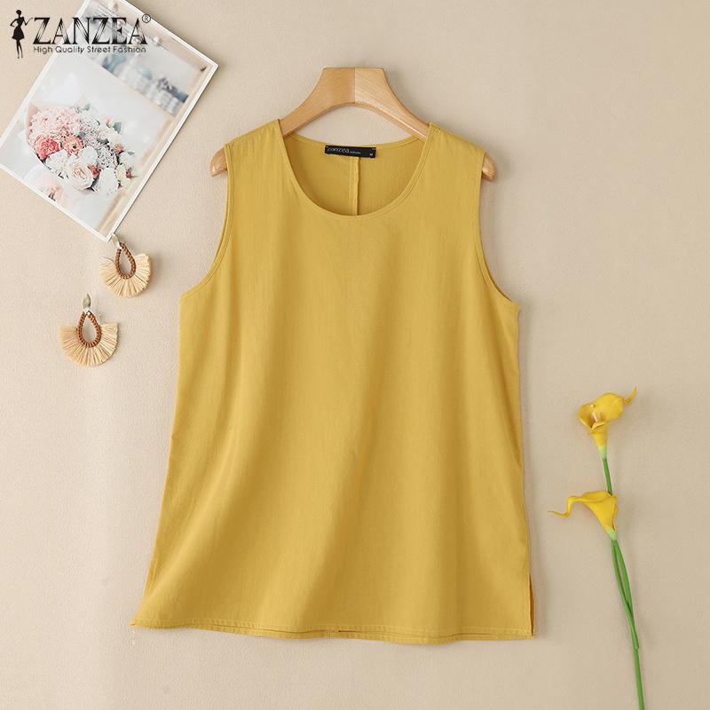 ZANZEA Женские повседневные однотонные топы без рукавов с круглым вырезом
