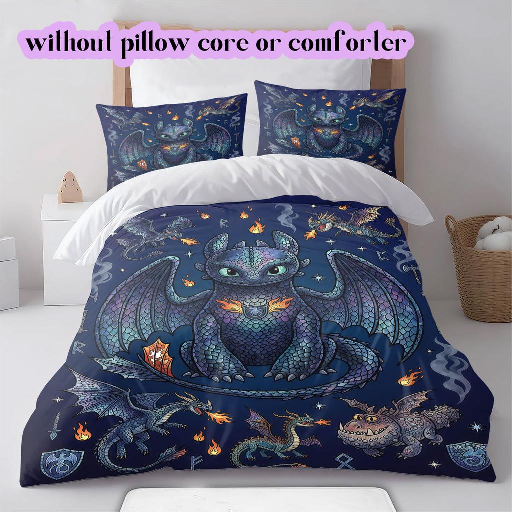 Train Dragon Vivid Anime Duvet Cover 3pcs Set,Printed Cartoon Graphics,Cool Bedroom Refresh Comforter Cover Set_LIAN