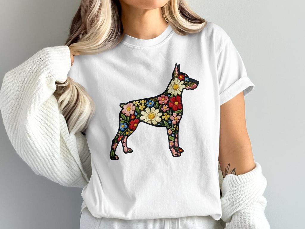 Floral Doberman T-Shirt, Embroidered Look Dog Design, Dog Lover Gift