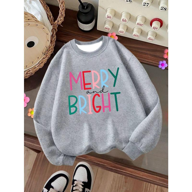 Детская толстовка с круглым вырезом, принт с надписью MERRY BRIGHT, повседневные топы для осени и зимы