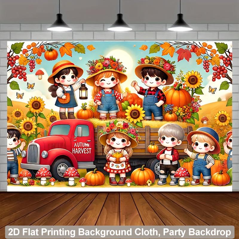 2D plane, 1 scene of children playing joyfully under a harvest red truck, suitable for family parties, weddings, and bir