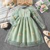 Girls' Elegant Dress 2025 Autumn Children's Fashion Sweet Flower Embroidered Mesh Long-sleeved Princess Dress