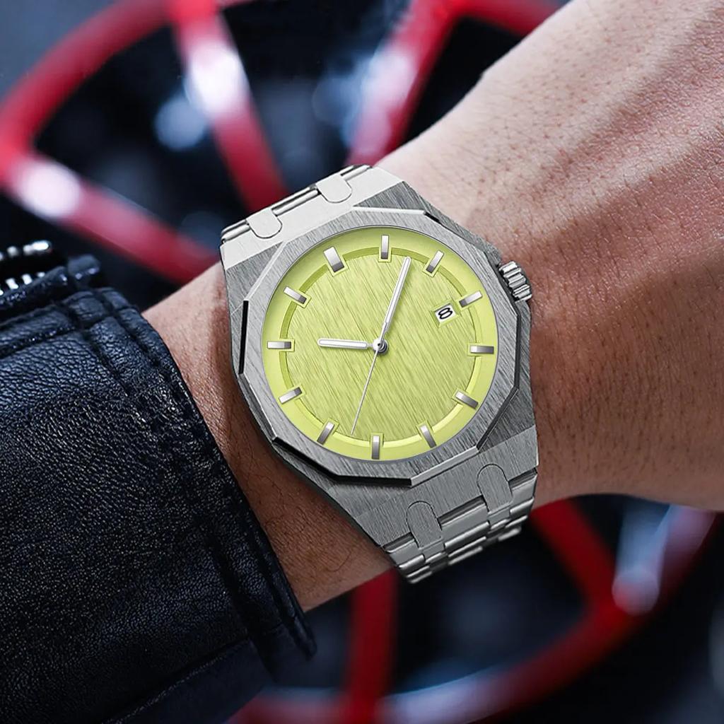 PINTIME Octagon Роскошные мужские кварцевые часы Мода Нержавеющая сталь Бизнес Мужские наручные часы с датой Водонепроницаемые светящиеся