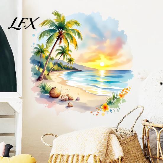 Round Beach Wall Decal Sunset Palm Tree Seaside Decal, Watercolor Summer Landscape Sticker, Scene Art for Living Room Tropical Coconut Kids