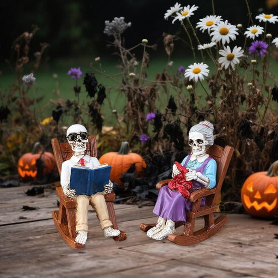 2 шт. Хэллоуин Качалка Скелет Пожилые Статуи Маленькая Читающая Вяжущая Скелет Фигурка Смола Ремесло для Двора Газона Крыльца Декор