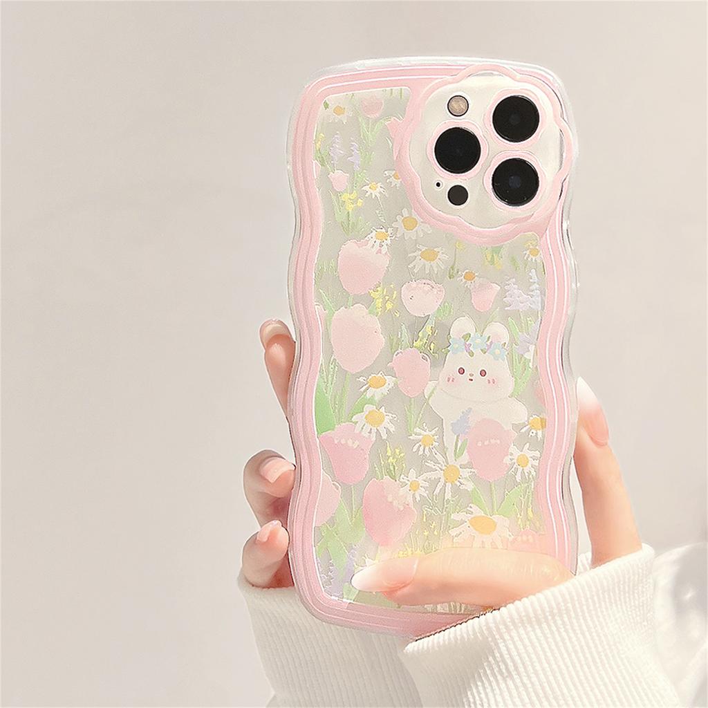 Cute Pink Flower Rabbit Wave Phone Case With Beacelet For Iphone 13 12 11 Pro Xs Max X Xr 7 8 Plus Kawaii Cover Funda