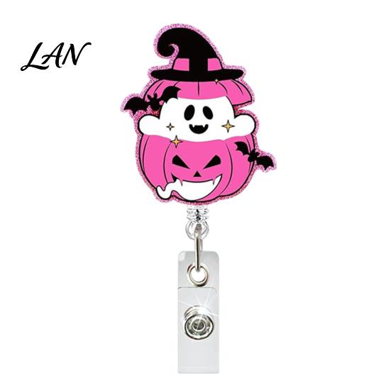 Teacher Badge Reel Retractable Holder, Halloween Glitter Acrylic Reel, Cute Ghost ID Card Pumpkin Holder for Nurse Doctor Worker