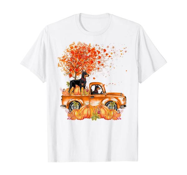 DoberUnisex Dog On Pumpkins Truck Autumn Leaf Fall Summer Fashion Funny Printing Casual Cotton T Shirt