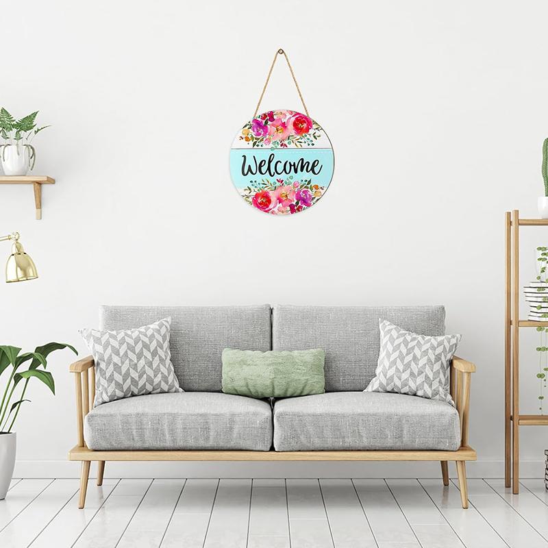 Деревянная подвесная табличка с цветком, Приветственная акварельная цветочная дверная табличка, Круглая фермерская рустикальная подвеска на входную дверь, 11,8"X11,8"