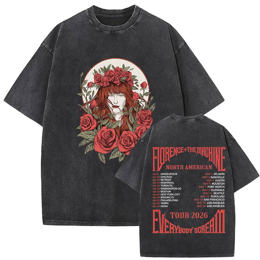 Florence and The Machine Tour Vintage Washed T Shirt Men Women Harajuku Aesthetic Oversized Cotton Tshirts Yk Streetwear