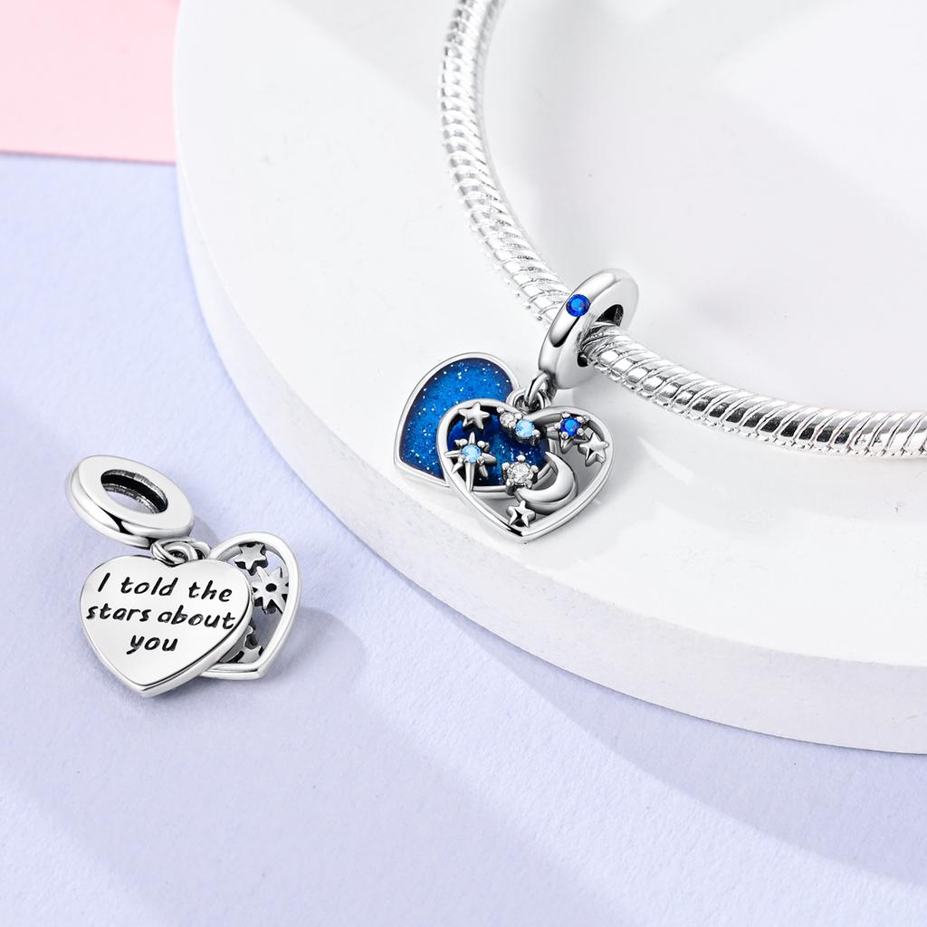 Copper Charms Beads Blue Color Cat Moon Heart Pendant Fit Original Bracelet Making Woman Jewelry