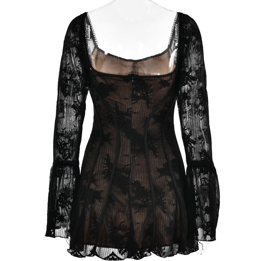 Европейское и американское кружевное платье без бретелек с рукавами-трубами: Французская повседневная короткая юбка без спинки, облегающая бедра