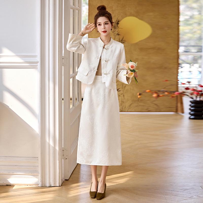 2025 Spring New Chinese Style Jacquard Frog Button Stand Collar Two-Piece Skirt Set