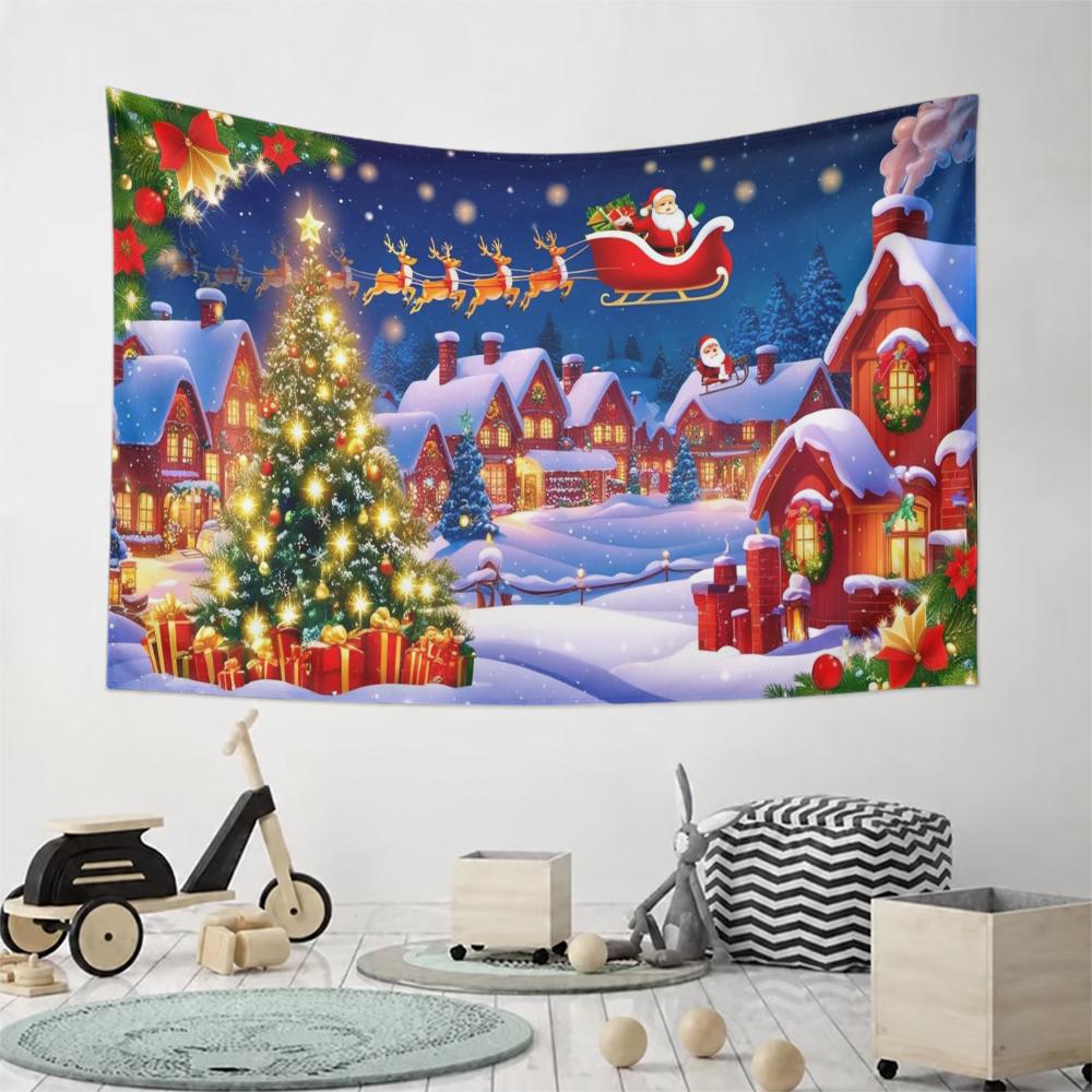 Cozy Christmas Village Wall Tapestry, Santa Reindeer Sleigh Snowy Cottages Lit Xmas Tree Gifts Blue Night Tapestry for Living Room Holiday Decor