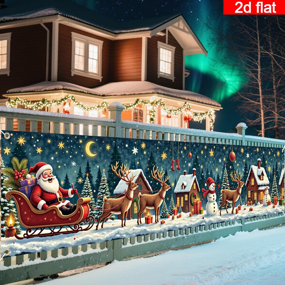 Large 18x78in Christmas Party Fence Banner, Checkered Lace Santa on Sled Deer Snowman Pattern, Polyester Outdoor Indoor Decoration