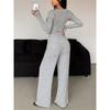 JKASHDK Женская мода повседневная весна осень однотонный принт длинный рукав V-образный вырез брюки брюки костюмы