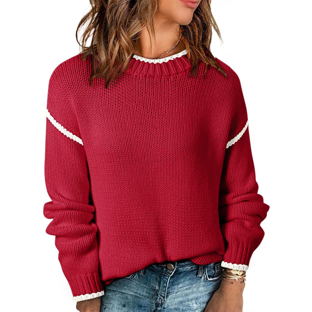 Women's Fashion Color Blocked Round Neck Long Sleeved Knitted Sweater Pullover Sweater Top