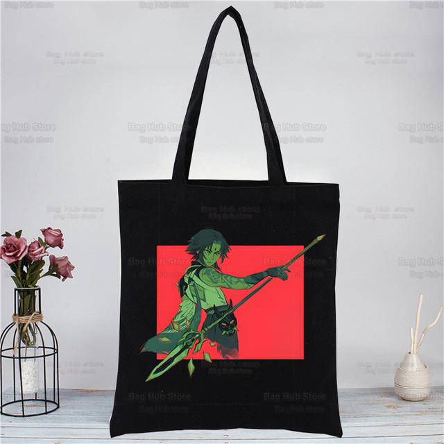 Genshin Impact Xiao аниме-игровые сумки, тканевая холщовая большая сумка, черная сумка для покупок, путешествий, женские эко-многоразовые сумки на плечо для покупок