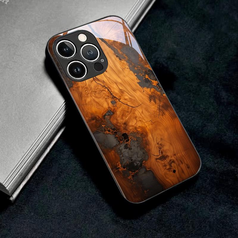 Phone Case Resin Wood Art Spliced Tempered Glass Phone Case Black for IPhone 12/13/14/15/1617/17Pro/18Pro Max Cover Hard Shell