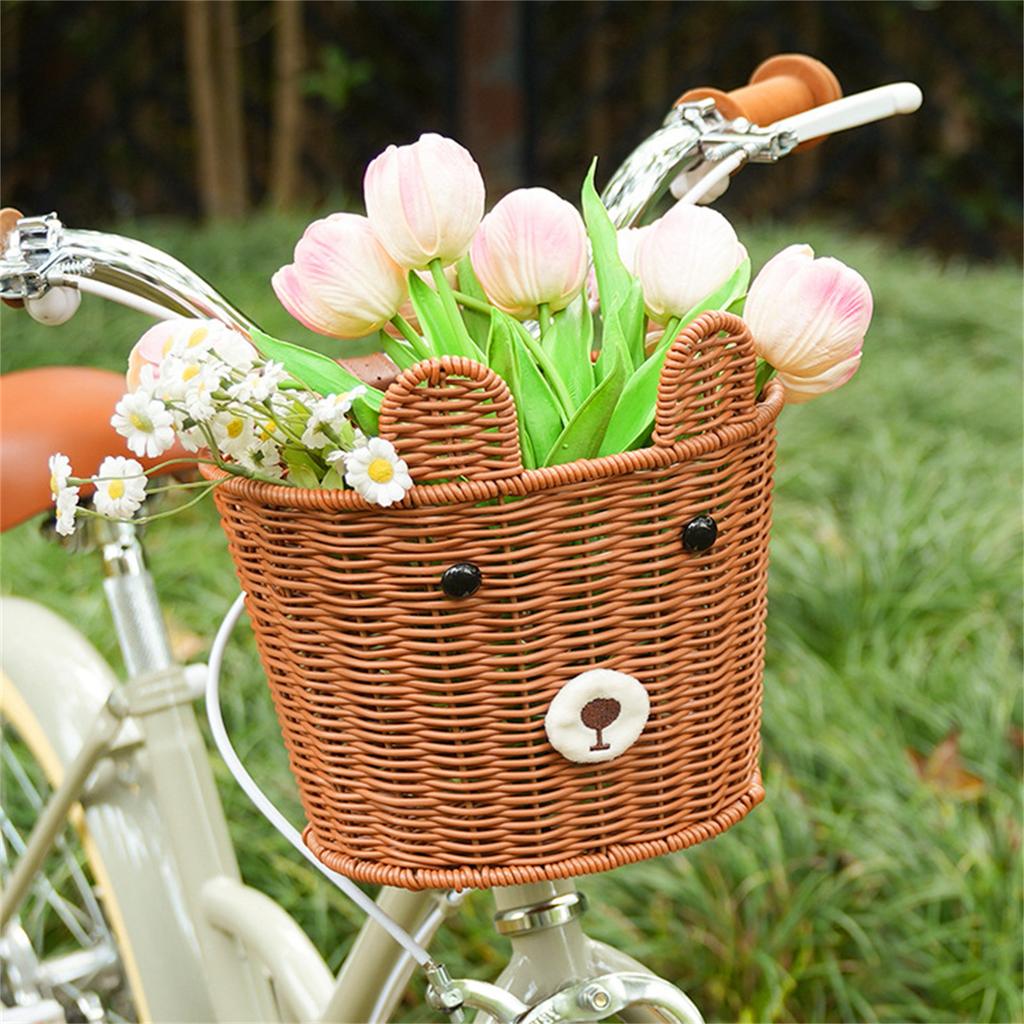 Vintage Woven Front Basket for Kids Bike Natural Rattan Bicycle Basket with Metal Bracket Fits Balance Bike Children Bicycle Accessories