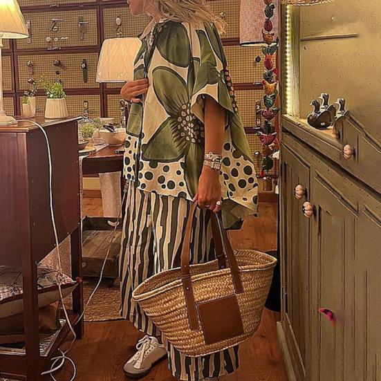 Women's Floral Print Loose Two-Piece Set Lapel Short Sleeve Top Wide Leg Pants Set Summer Casual Boho Streetwear