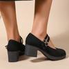 Spring and Autumn New Retro Black Small Leather Shoes Fashionable Suede One-word Buckle with Thick Heels Women's Shoes