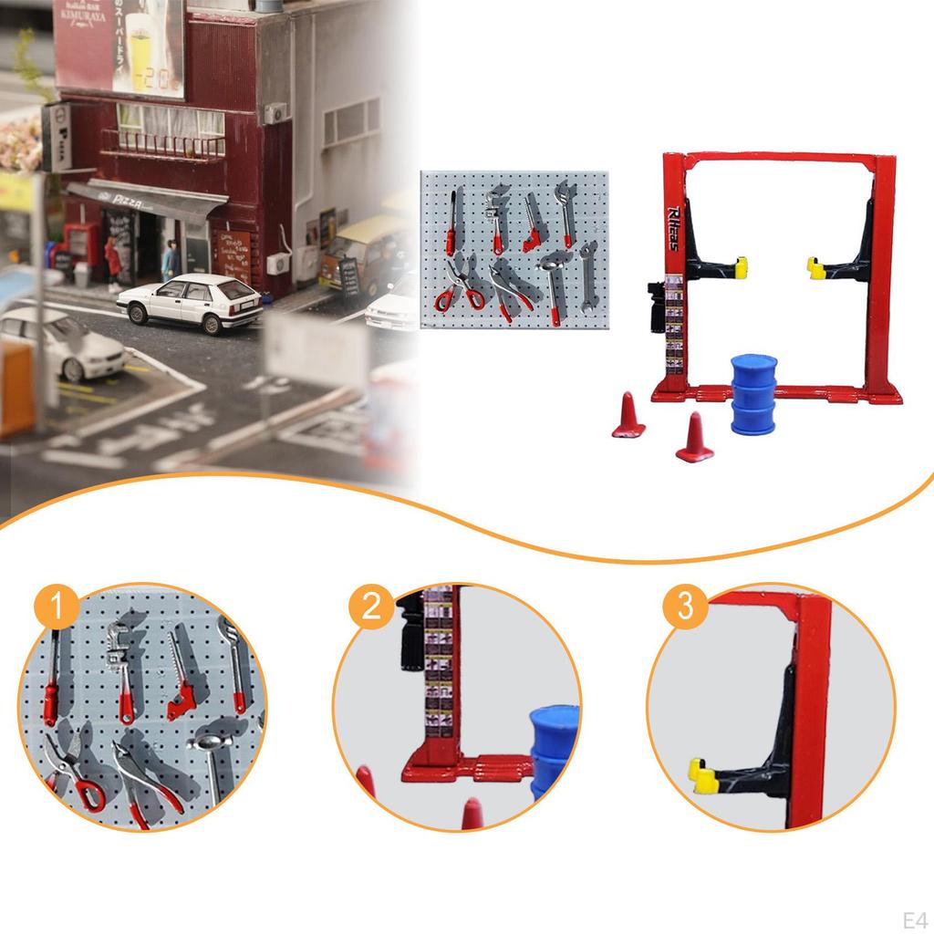 Диорама 1/64 Автогараж Инструменты для обслуживания Архитектурная модель Реалистичные дорожные конусы Подъемник Козловой кран